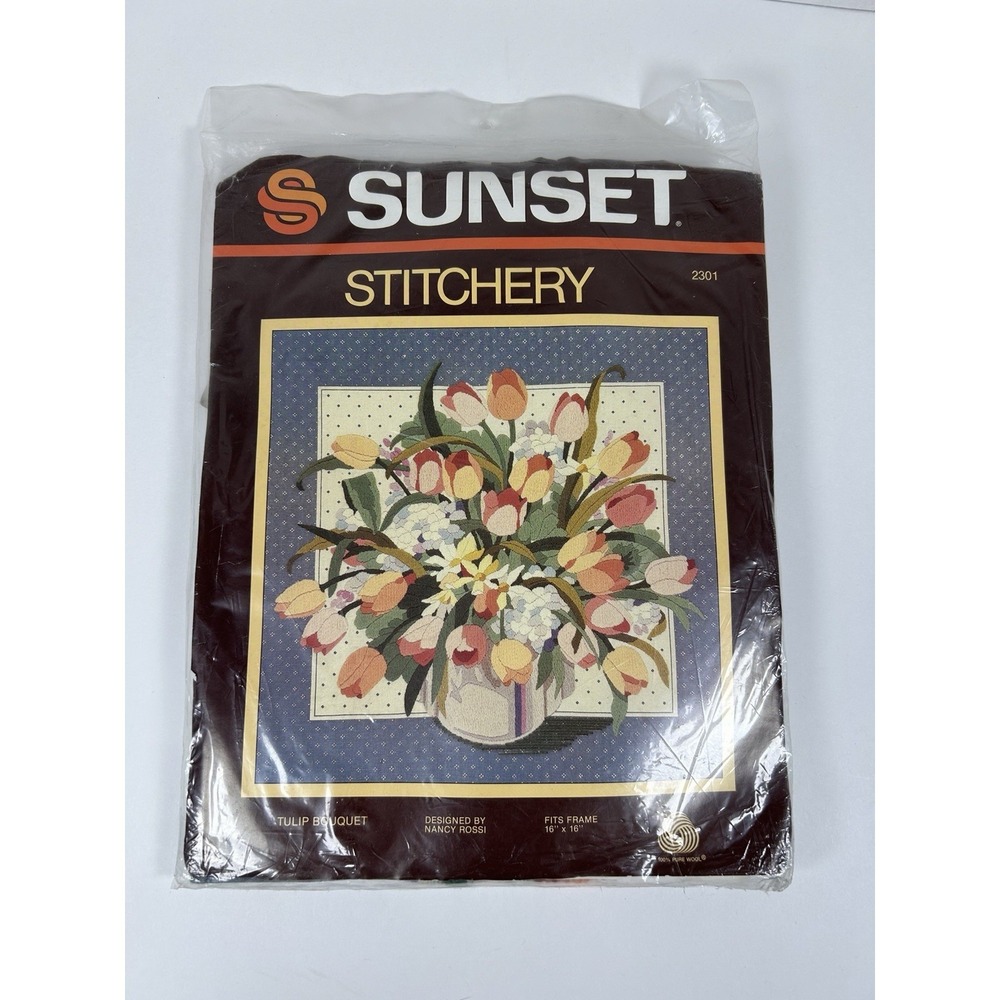 VTG Needlepoint Kit Sunset Stichery TULIP BOUQUET  16"x16" Wool Brand New!